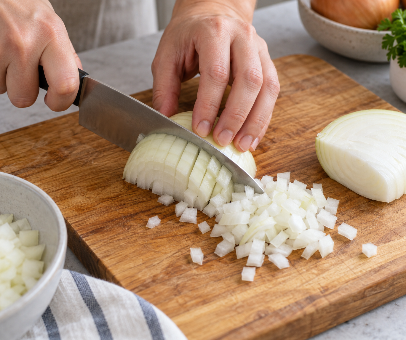 Onion being diced on a chopping board